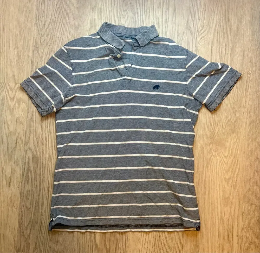 Banana Republic Men’s Striped Polo Shirt – Gray & White – Size M – 100% Cotton